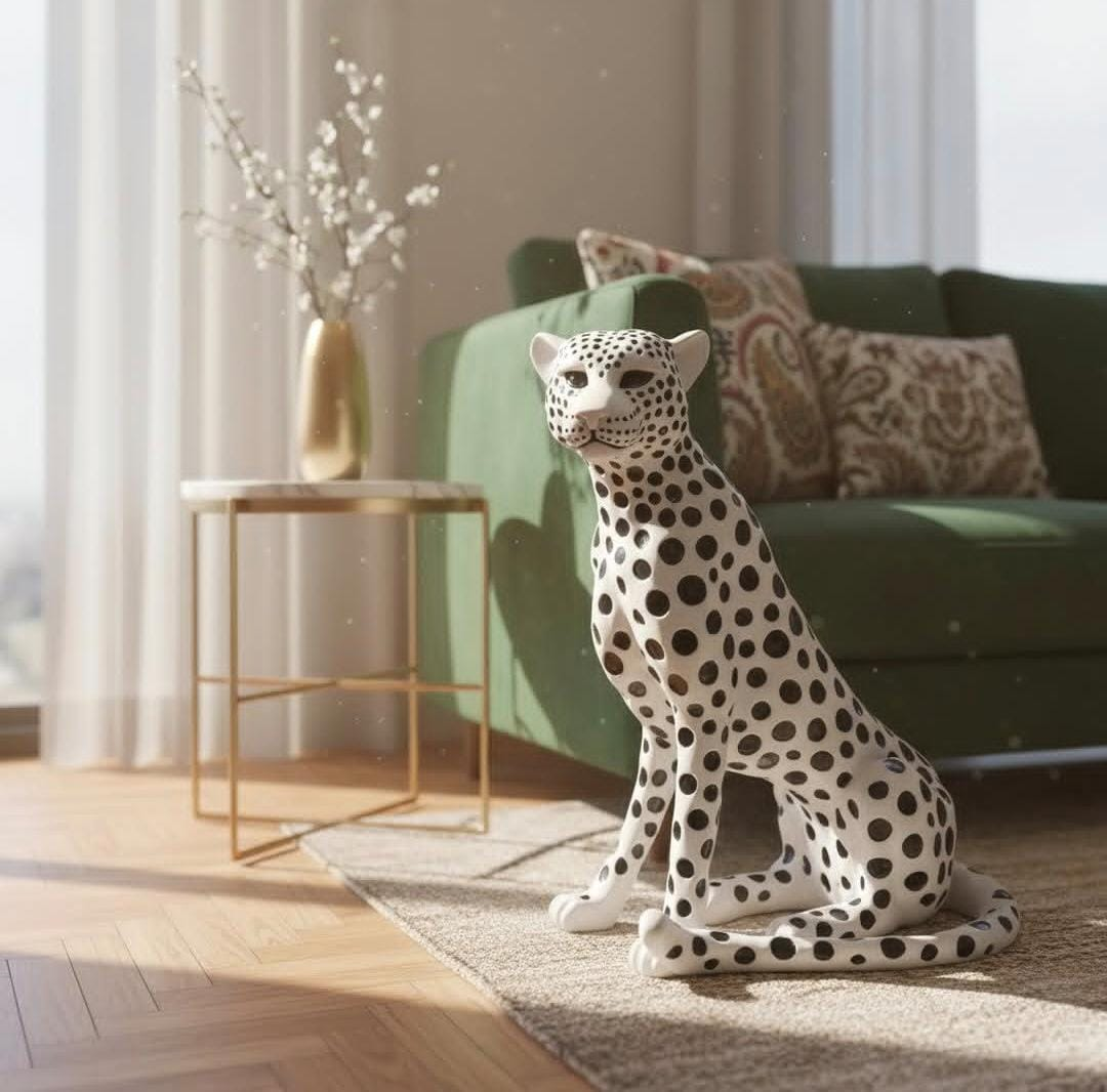 White Resin Leopard Art Decorative Sculpture with Black Polka Dots Design